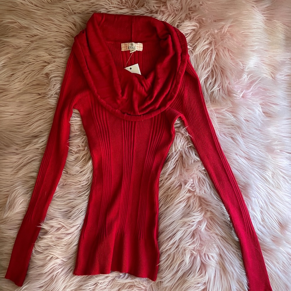 Red Form Fitting Cowl Neck Sweater